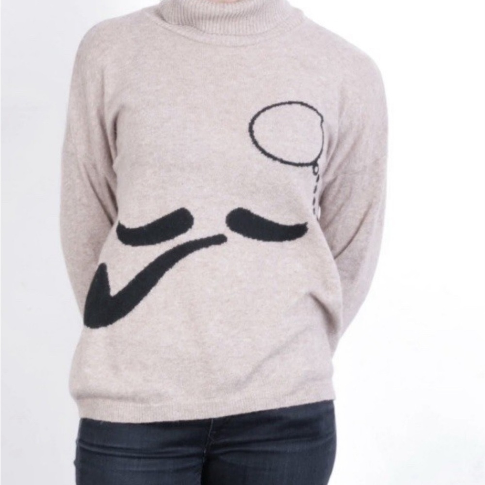 Zara Sweater Women Medium Beige Knit Monocle Mustache Man Turtle Neck Soft Italy